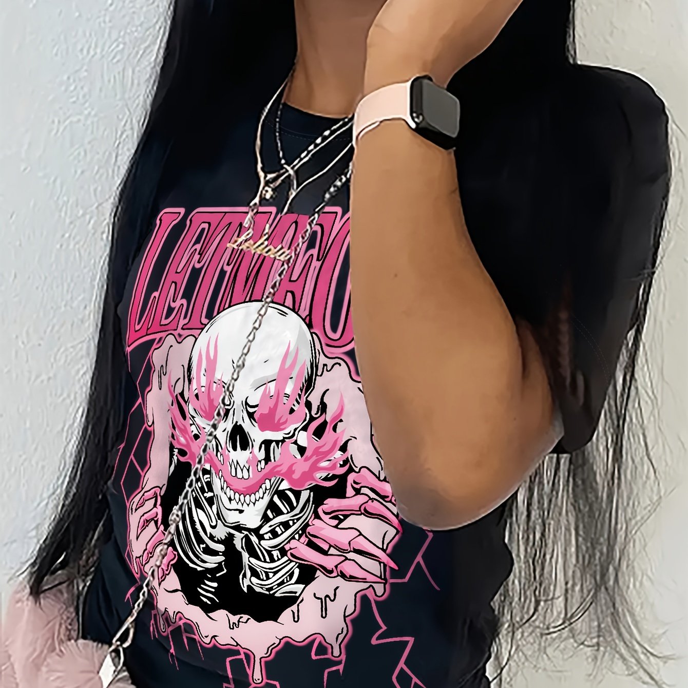 T-shirt donna Valstrend con stampa teschio, maniche corte, stile casual per primavera ed estate, maglietta leggera e alla moda.