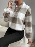 Maglione da donna Valstrend in stile Buffalo plaid a spalle scoperte con mezza zip, tessuto caldo e casual.