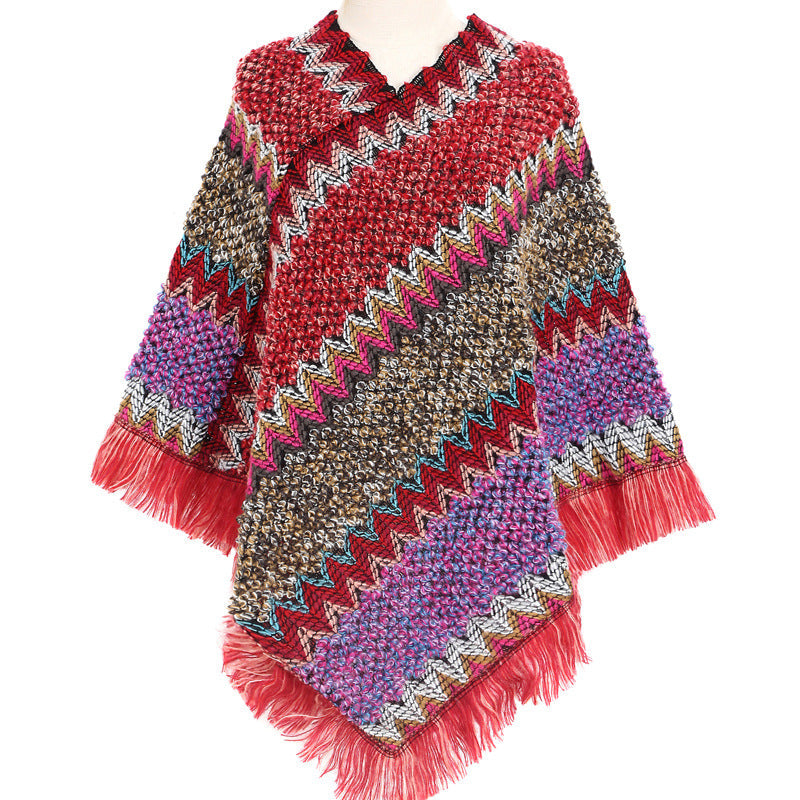 Pullover etnico colorato invernale autunnale da donna, stile caldo e accogliente, marchio Valstrend, mostrato in dettaglio nell'immagine.