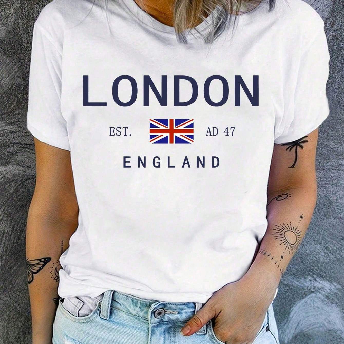 T-shirt donna vintage con stampa di Londra, maniche corte, scollo rotondo, tessuto misto poliestere, lavabile in lavatrice.