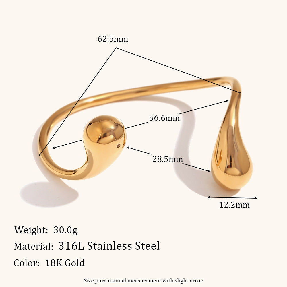 Bracciale aperto Valstrend in acciaio inossidabile placcato oro 18K con doppio goccia d'acqua, stile elegante e semplice.