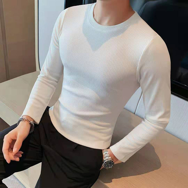 British Fashion Trendy Round Neck Slim Fit Solid Color Casual Long Sleeves