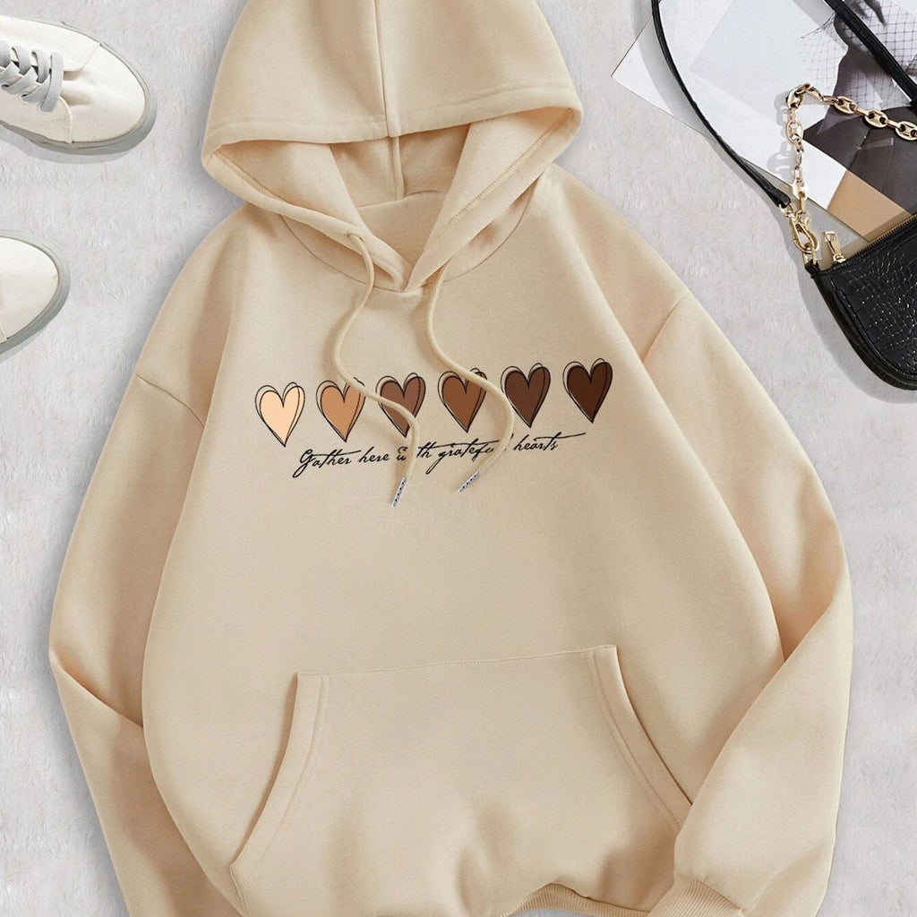 Heart Print Kangaroo Pocket Hoodie, Casual Long Sleeve Drawstring Hooded Sweatshirt, Women's Clothing