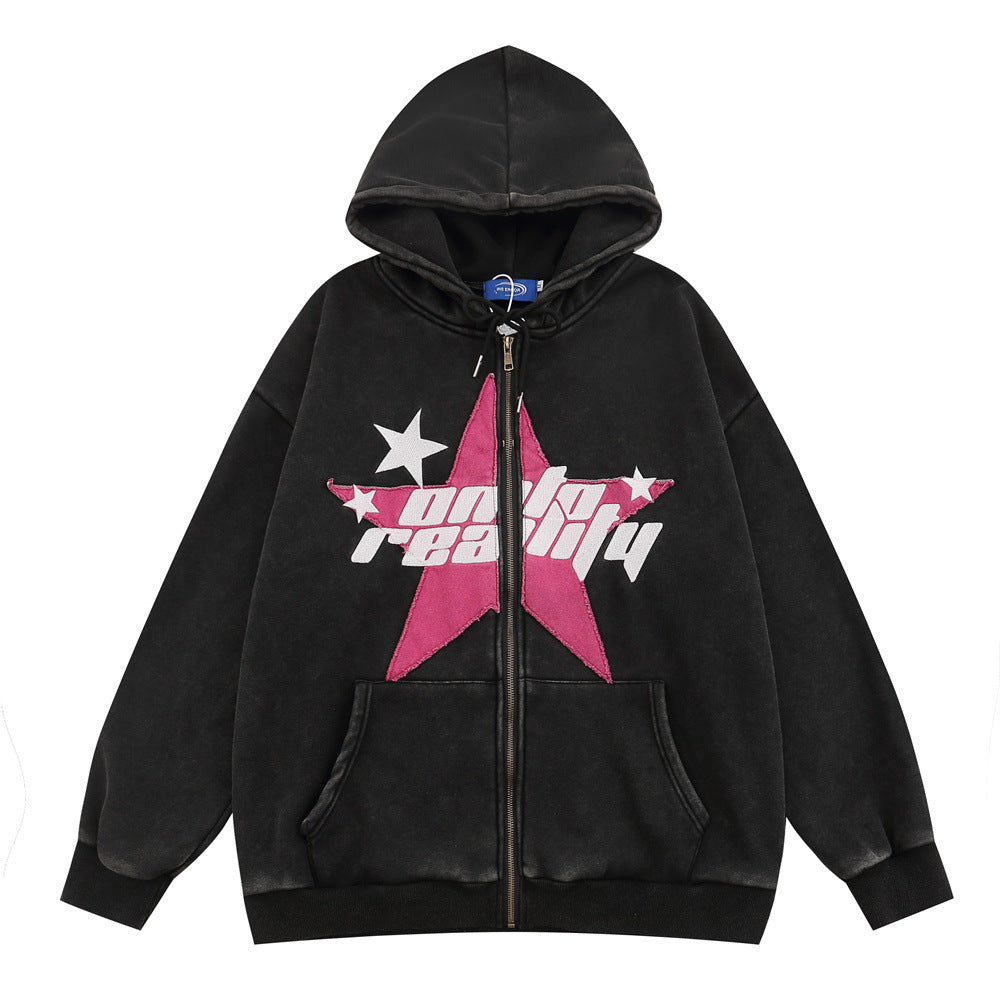 Niche High Street Five-pointed Star Hooded Cardigan Sweater