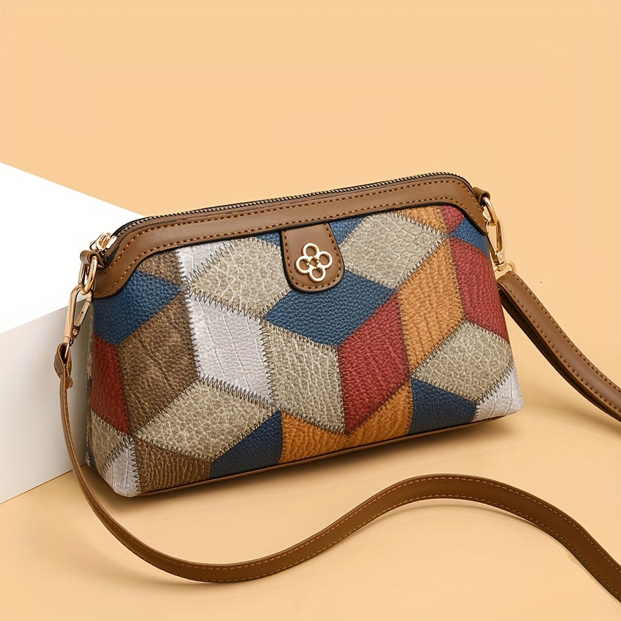 Compact, Chic Geometric Patchwork Crossbody Bag for Women - Casual Fashion Shoulder Purse with Detachable Strap, Zip Closure, Polyester Lined - Light Grey/Blue