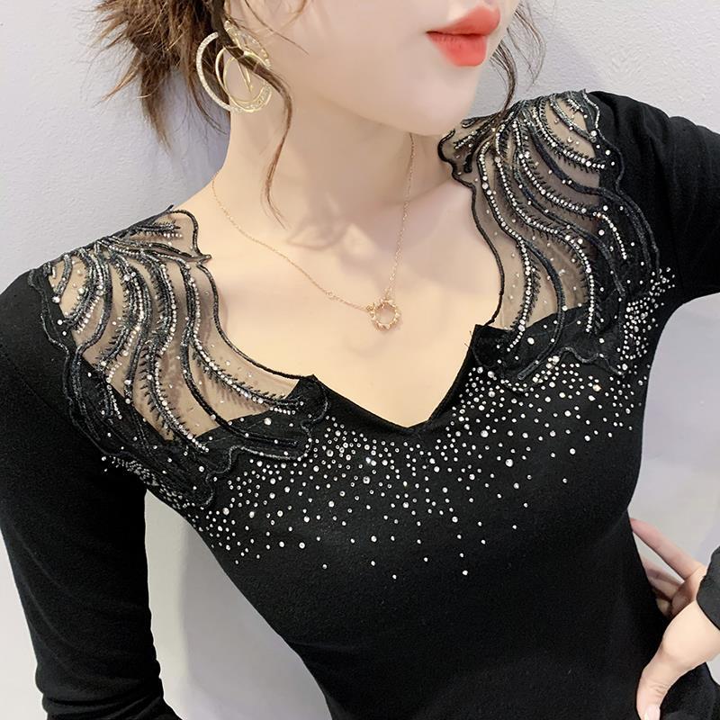 Hollow Jeweled V-neck Slim Fit Slimming Top