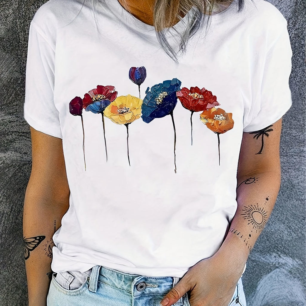 T-shirt donna con stampa floreale, maniche corte, collo rotondo, vestibilità casual, ideale per primavera ed estate, Valstrend.