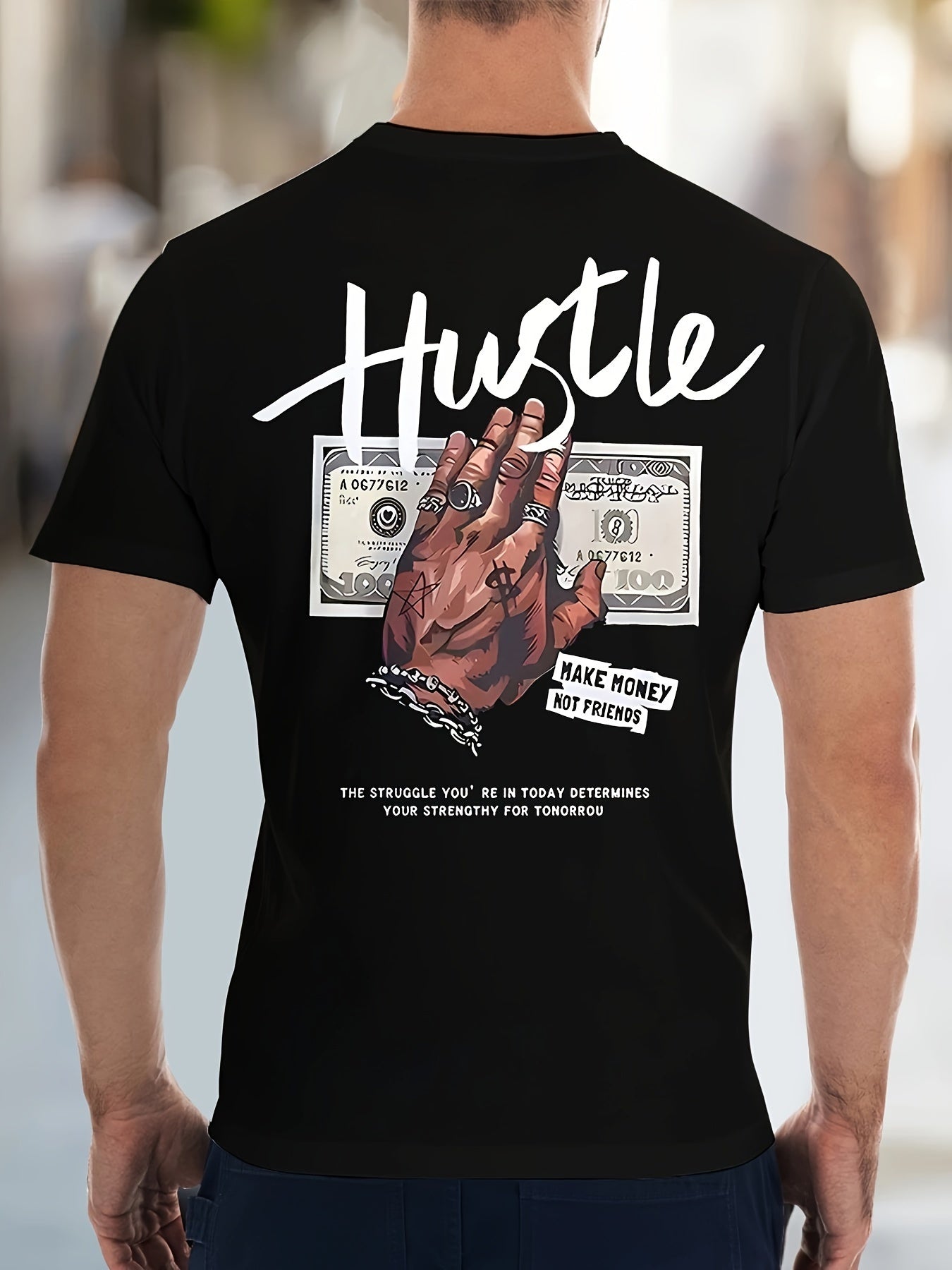 T-shirt uomo Valstrend con stampa 'HUSTLE' e soldi, maniche corte, stile casual e alla moda, ideale come regalo.