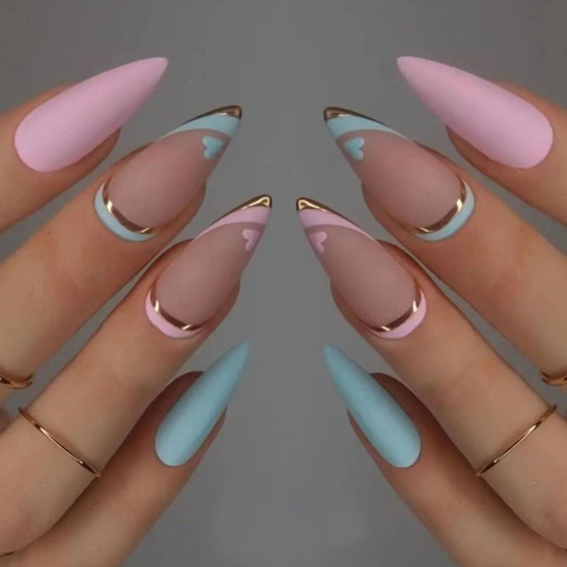 Smalti per unghie Valstrend con punta blu, decori a forma di anatra mandarino, bordo dorato, manicure di lunghezza media