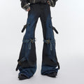 Pantaloni casual in denim Valstrend con design retrò, lacci, fibbia in metallo e vestibilità leggermente aderente.