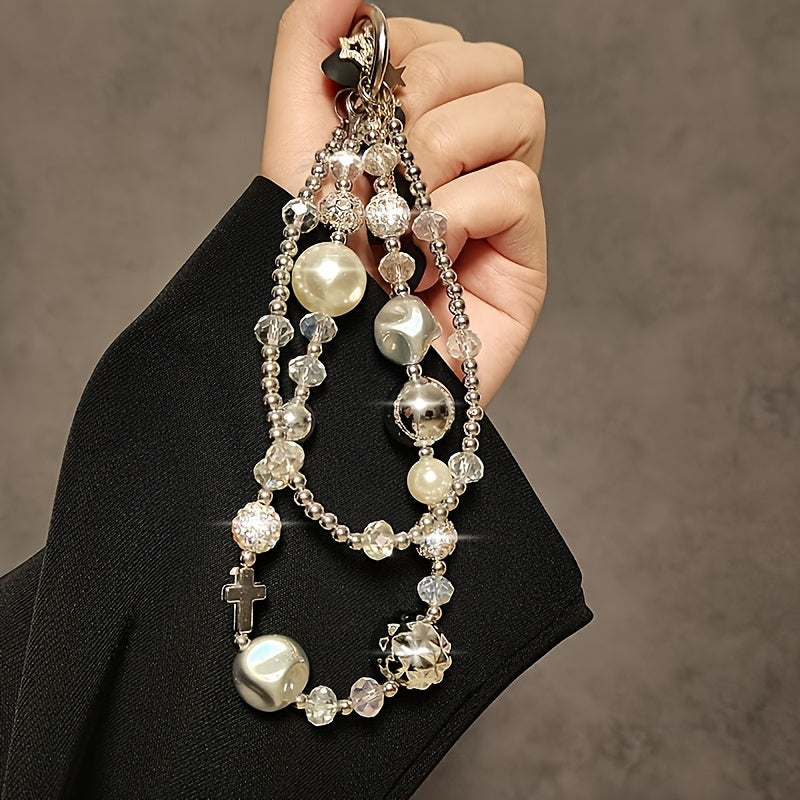 Luxury Fashion Personalized Phone Charm with Created Pearl and Alloy Chain - Sparkling Rhinestone Wristlet Short Strap for Trendy Women's Phone Case Accessory