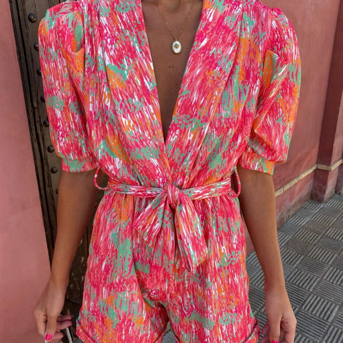Deep V-neck Puff Short Sleeve Printed Elastic Waistband Pocket Shorts Jumpsuit