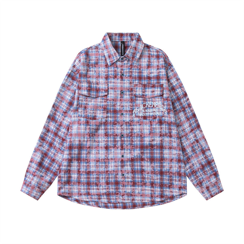 Camicia a quadri stile vintage con effetto distressed e tie-dye, a maniche lunghe, marca Valstrend, moda europea e americana
