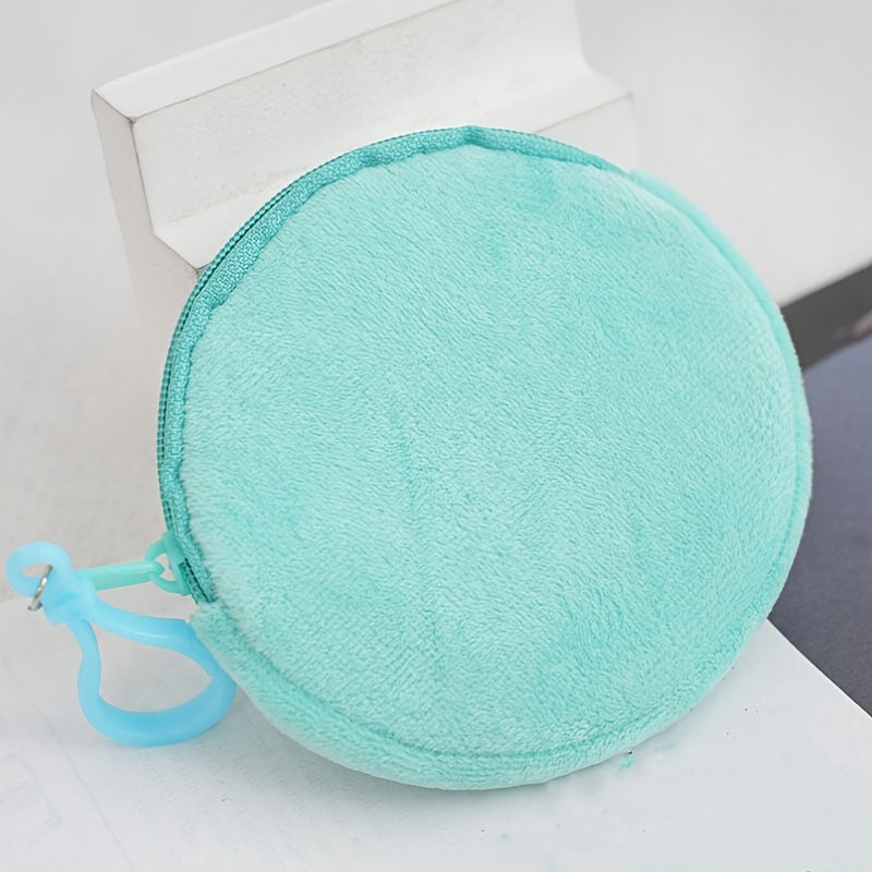 Mini Colorful Faux Fur Round Coin Purse With Key Ring, Small Zipper Pouch For Women, Simple Zipper Wallet