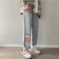 Jeans uomo dritti e larghi Valstrend con stampa gattino, tessuto denim blu, vestibilità comoda e stile casual.