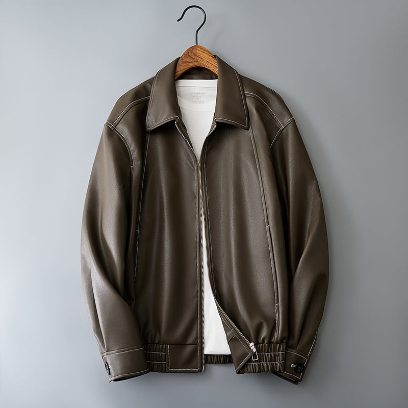 Giacca in pelle casual da uomo Valstrend, giacca di pelle morbida con colletto e tasche frontali, stile informale e moderno