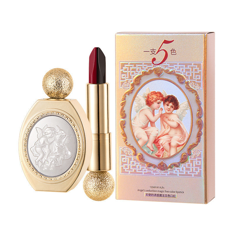 Rossetto opaco Valstrend a cinque colori, bianco, senza macchie, con tre tonalità visibili, in confezione elegante.
