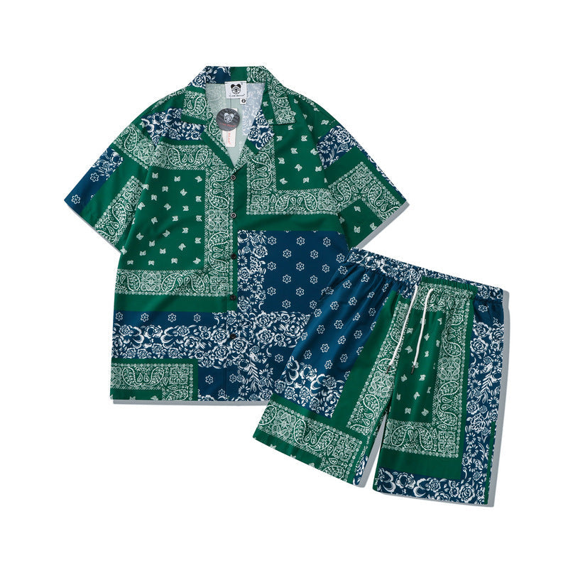 European And American High Street Printed Shirt Suit Retro Waist Flower Full Printed Positioning Shirt Casual Cardigan Shorts