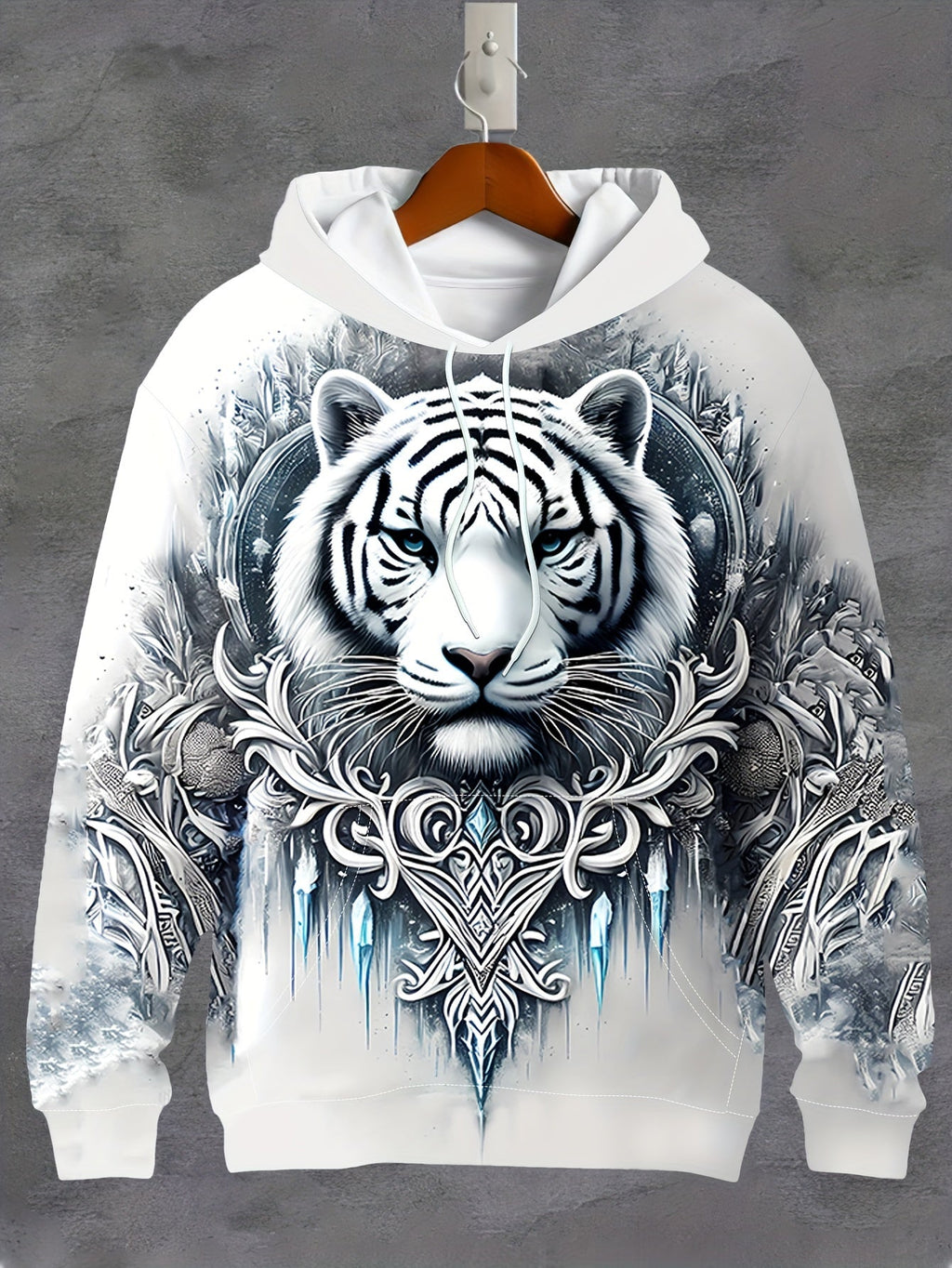 Felpa con cappuccio da uomo Valstrend, stampa digitale 3D tigre bianca e jacquard, tasca kangaroo, moda sportiva primavera e autunno