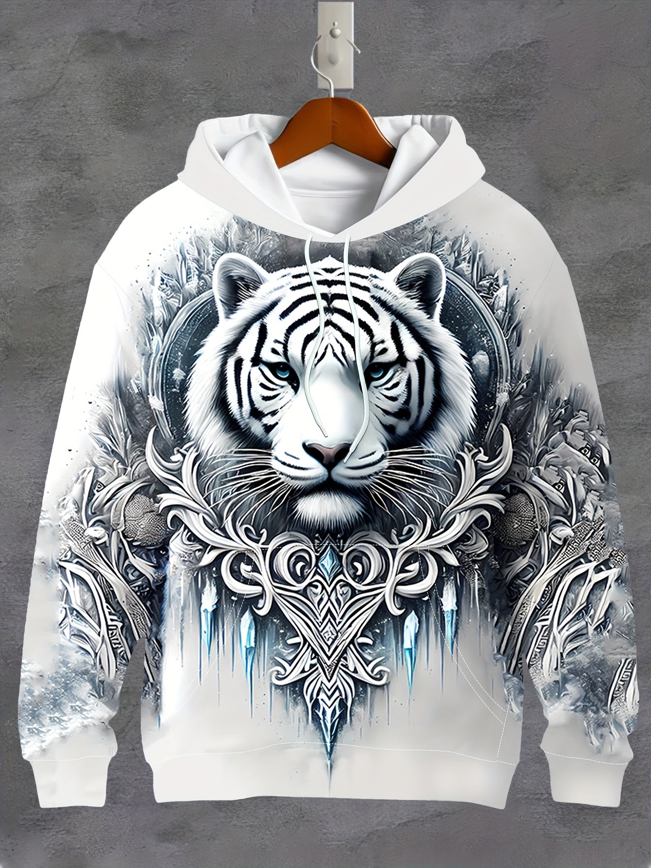 Felpa con cappuccio da uomo Valstrend, stampa digitale 3D tigre bianca e jacquard, tasca kangaroo, moda sportiva primavera e autunno