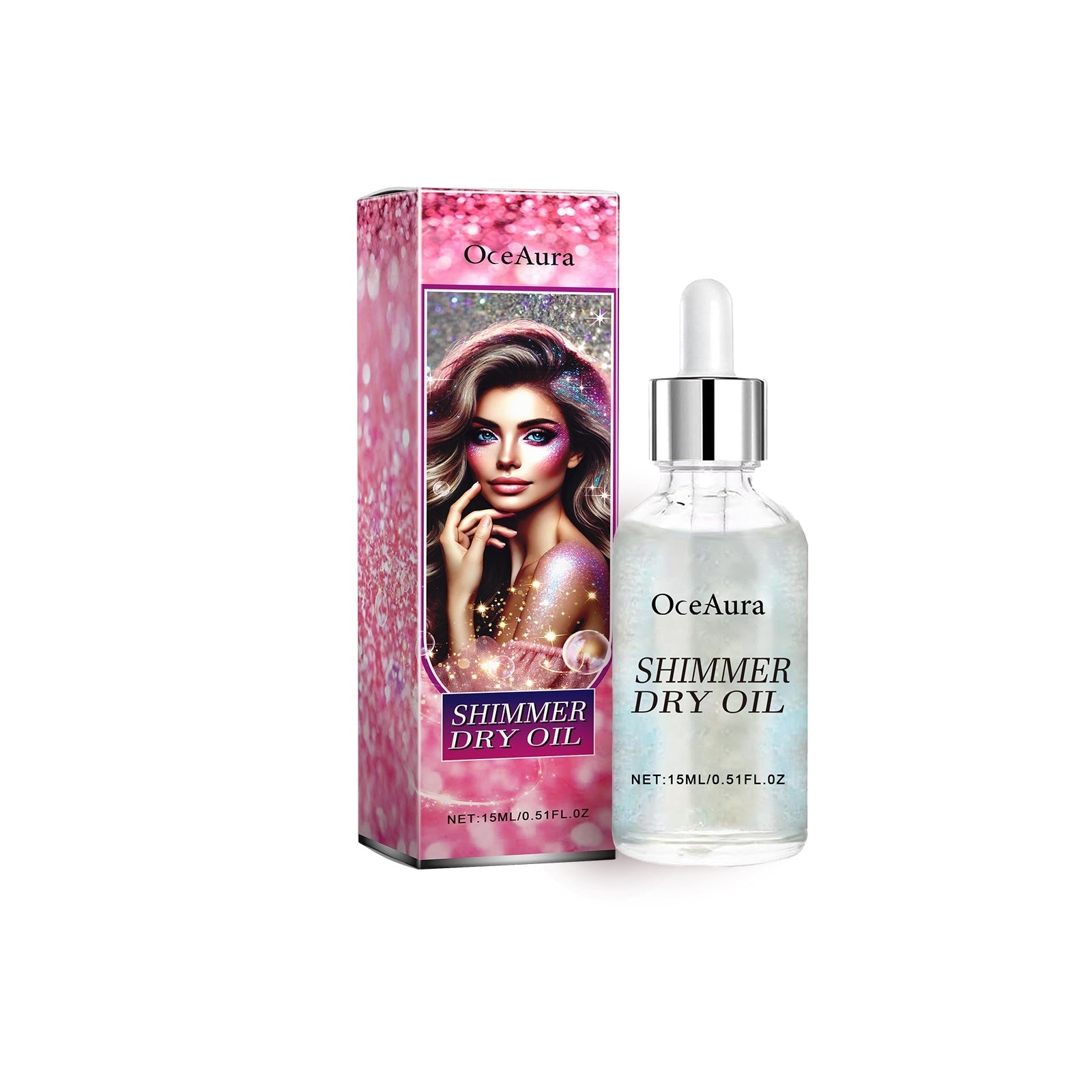 Olio secco con effetto shimmer Valstrend, bottiglia con etichetta dorata e applicatore spray, lucentezza e idratazione per la pelle