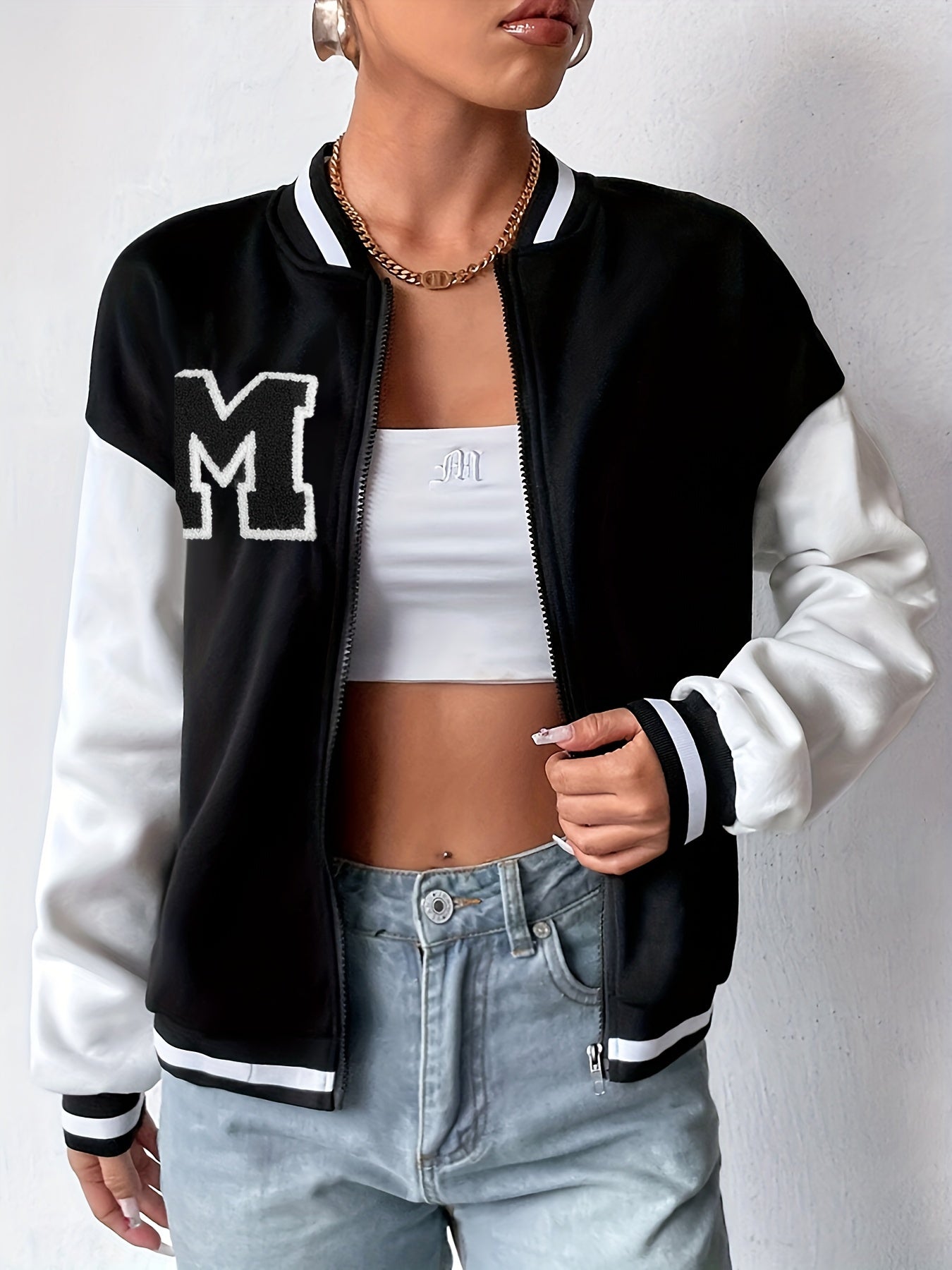 Giacca bomber casual Valstrend con lettere a contrasto, zip, spalle cadenti e blocchi di colore, donna, moda autunno-inverno
