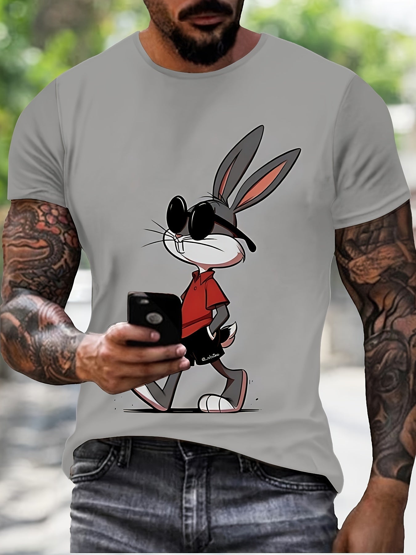 T-shirt da uomo Valstrend con stampa 3D con coniglio, maniche corte, collo rotondo, tessuto elasticizzato in poliestere, vestibilità regolare