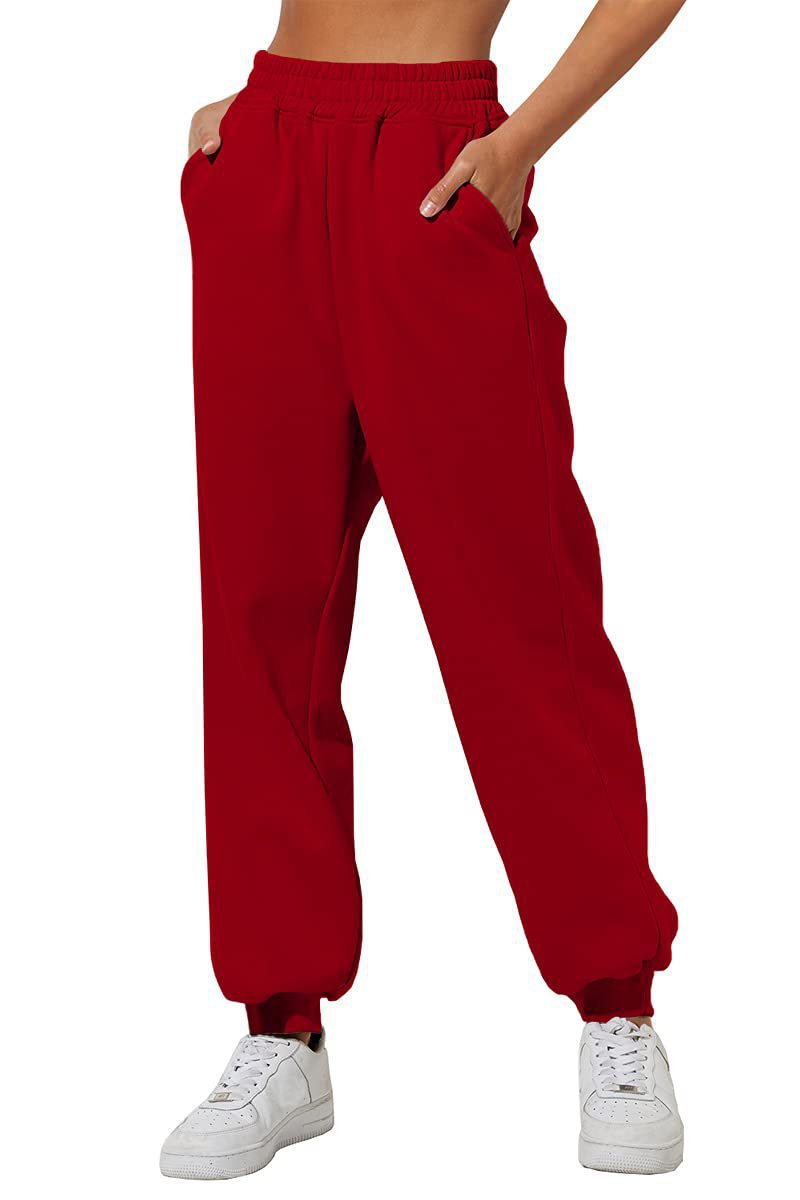 Pantaloni jogger donna a vita alta e larghi, comodi, con tasche e cintura, in tessuto morbido, marca Valstrend.