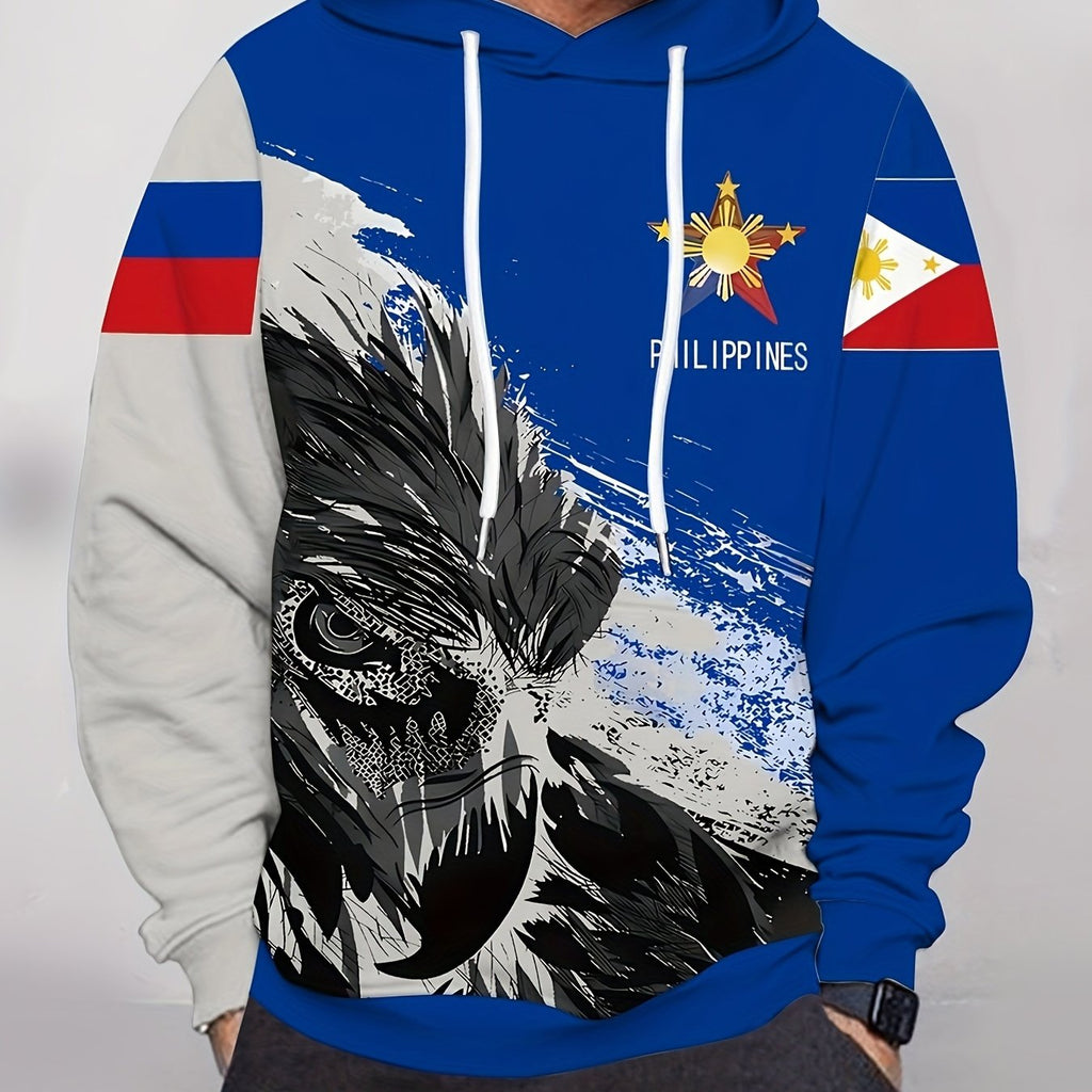 Philippines Flag Design Hoodie for Men – 3D Eagle Print Sports Hooded Sweatshirt with Pocket – Polyester & Spandex Blend Knit Fabric – Regular Fit with Slight Stretch – Sporty Style Pullover with Hood