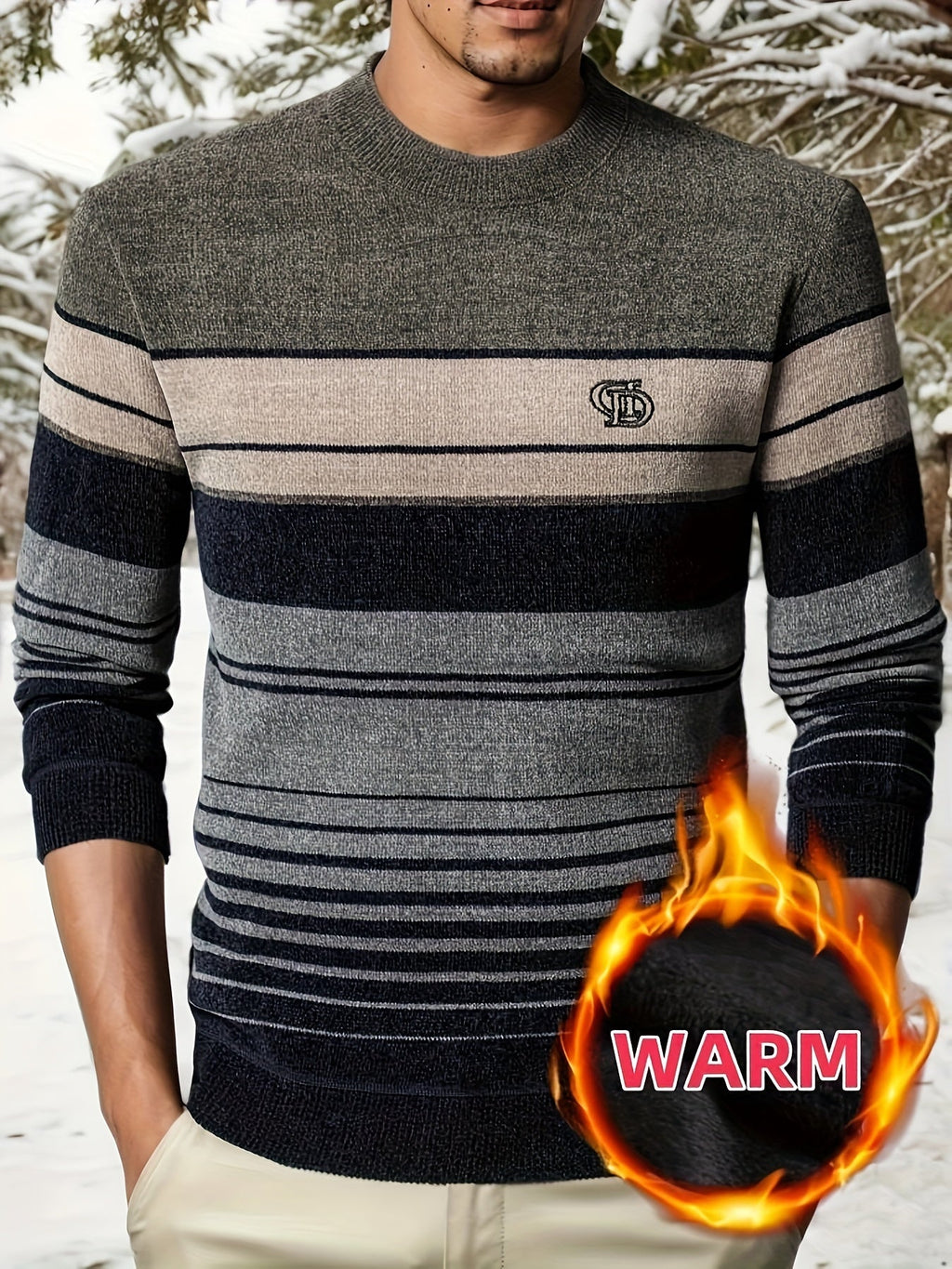 Maglione da uomo a righe con lettere ricamate, felpa foderata calda, design a blocchi di colore, ideale per inverno e abbigliamento casual.