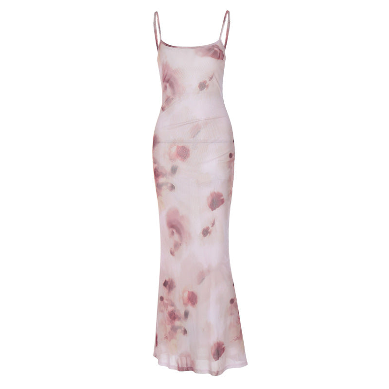 Women's Summer French Backless Sleeveless Printing Slip Dress