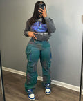 Jeans a zampa d'elefante Valstrend con vita alta, tie-dye multicolore e tasche multiple, stile alla moda e casual.