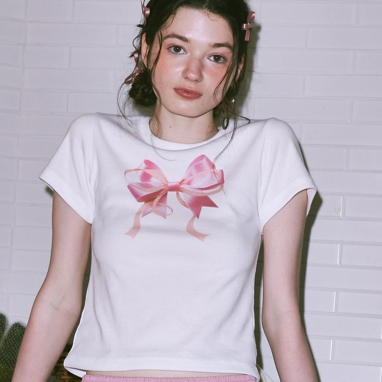 T-shirt da donna Valstrend, manica corta, collo rotondo, con fiocco estivo e design alla moda per ragazze.