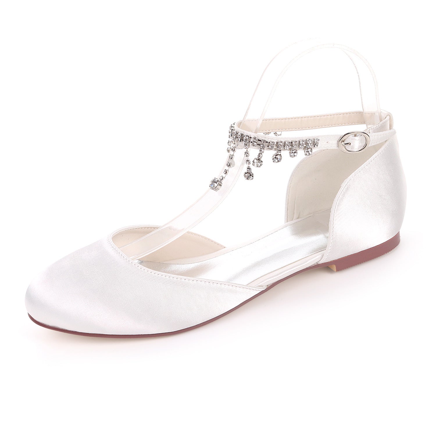 Scarpe da sposa Valstrend in raso con punta rotonda, tacco basso, decorazione con strass e catena, stile elegante e raffinato