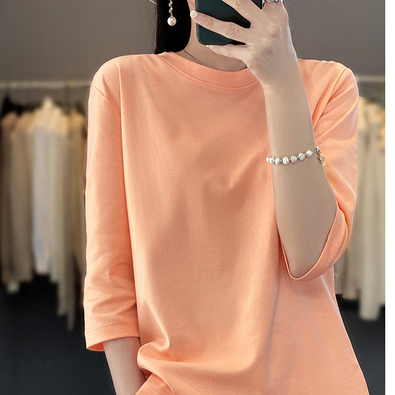 T-shirt donna Valstrend in cotone mercerizzato a maniche corte, vestibilità ampia e leggera per l'estate.
