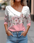 T-shirt a maniche lunghe con scollo a V e stampa floreale, abbigliamento casual femminile di Valstrend.