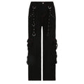 Jeans donna stile dark punk heavy industry con nastro in metallo e dettagli robusti, marca Valstrend Shop.