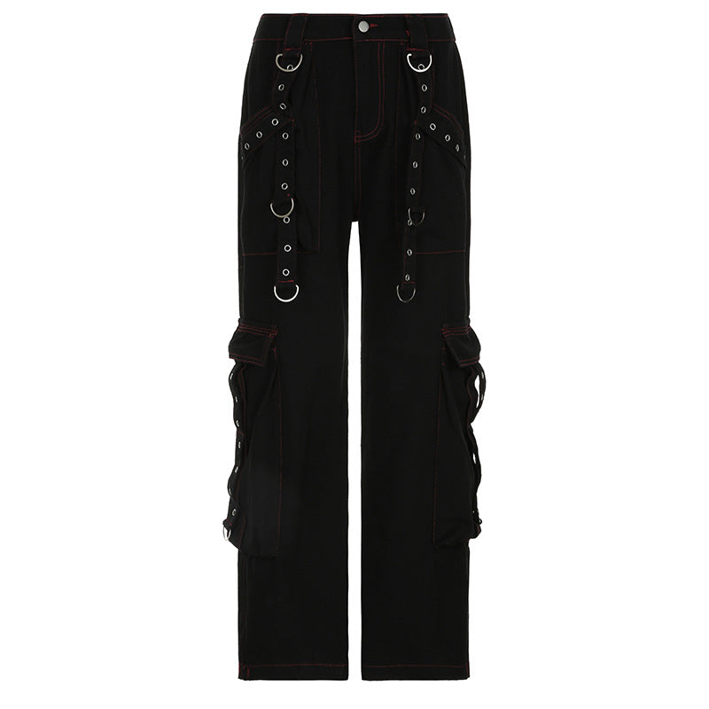 Jeans donna stile dark punk heavy industry con nastro in metallo e dettagli robusti, marca Valstrend Shop.