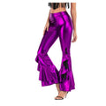 Pantaloni donna slim-fit in ecopelle lucida, a campana irregolare, stile moderno e alla moda, colore nero.