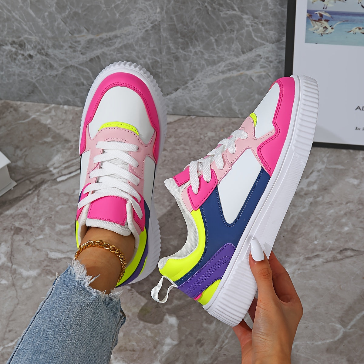 Women'S Casual Geometric Sneakers - Low Top, Lightweight, Hand Washable Faux, Fabric Lining, EVA Sole, Round Toe, Lace-Up, All-Season Comfort