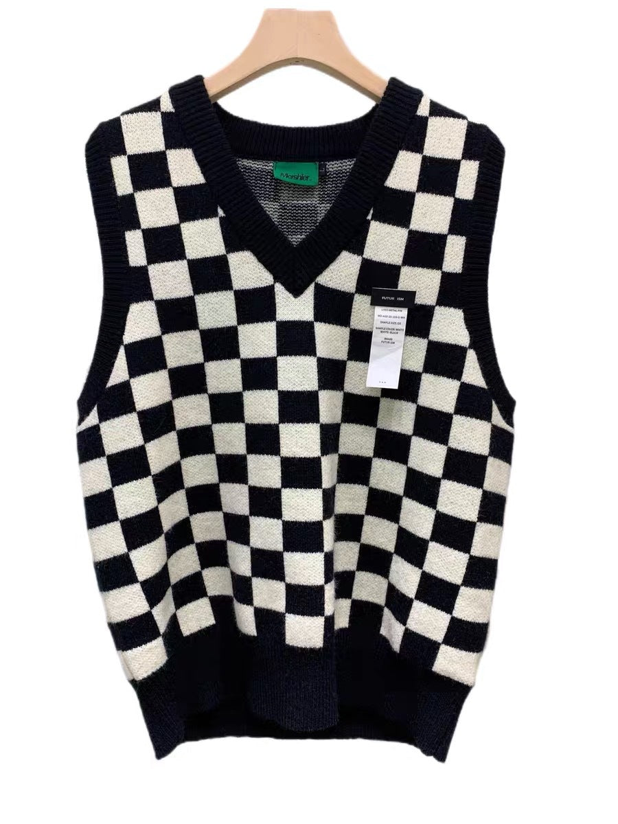 Gilet da uomo stile preppy con motivo scacchiera a quadri rossi e blu, maglia a V, marca Valstrend, vestibilità elegante e casual