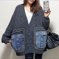 Cappotto donna in jeans patchwork Valstrend, spessa e calda, con design in tessuto denim multicolore e dettagli alla moda