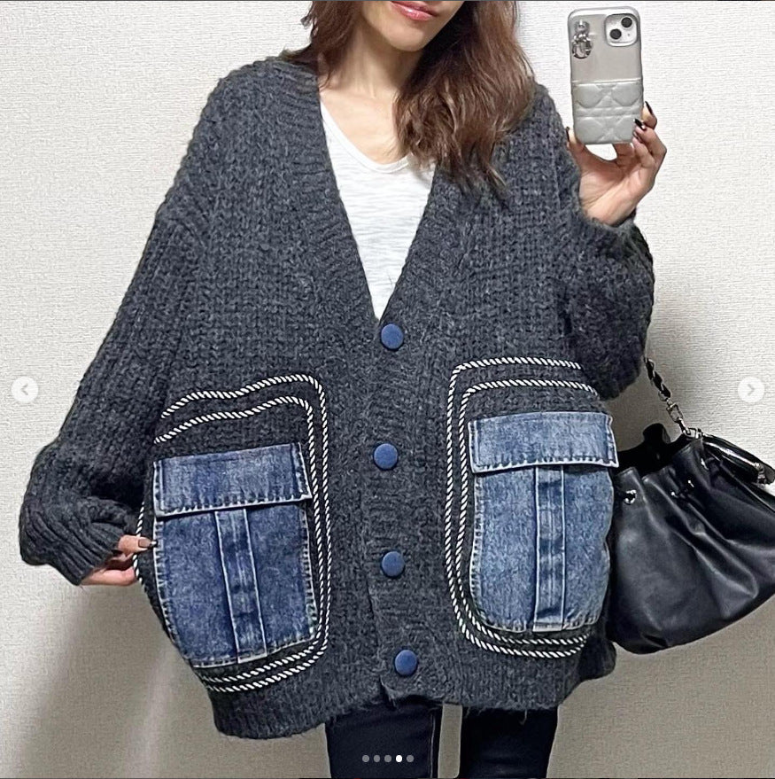 Cappotto donna in jeans patchwork Valstrend, spessa e calda, con design in tessuto denim multicolore e dettagli alla moda