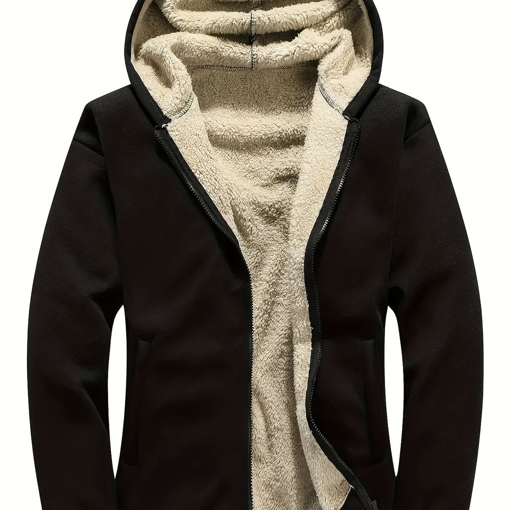 Preppy Style Men's Casual Zip-Up Fleece-Lined Hoodie - 100% Polyester Solid Color Jacket with Long Sleeves, Slight Stretch Fabric, Regular Fit Hooded Sweatshirt for Spring/Fall, Hiking & Outdoor Activities