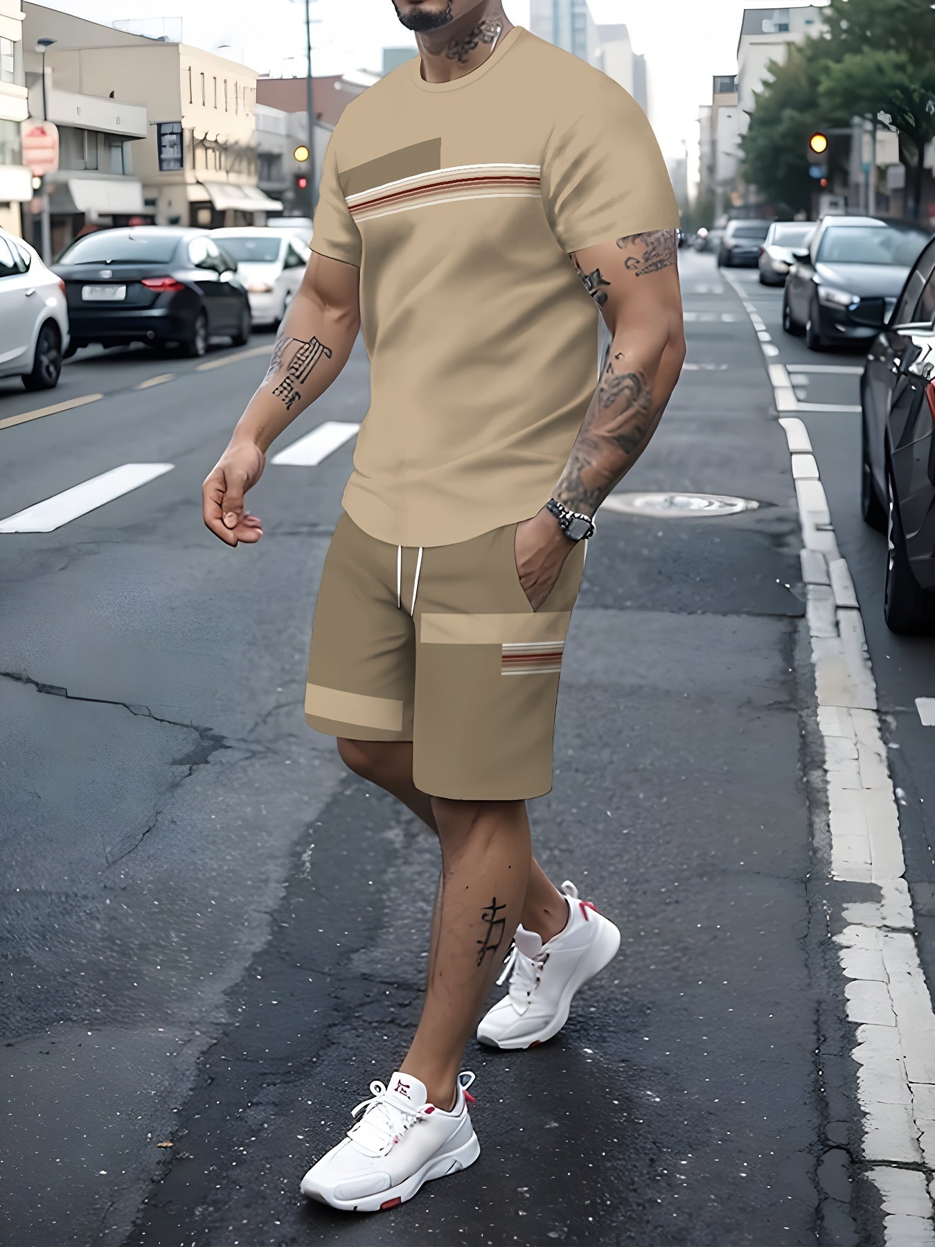 Completo uomo Valstrend con T-shirt a maniche corte e pantaloncini con coulisse a blocchi di colore, tasche, stile estivo.