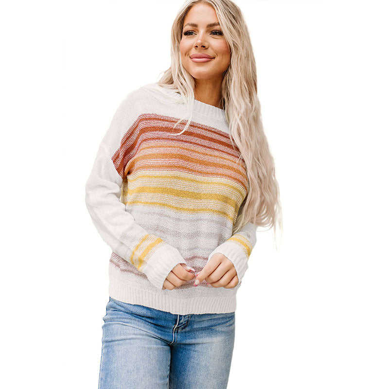 Pullover casual Valstrend, maglione autunno precoce con righe multicolore e stampa semplice, stile rilassato e confortevole.
