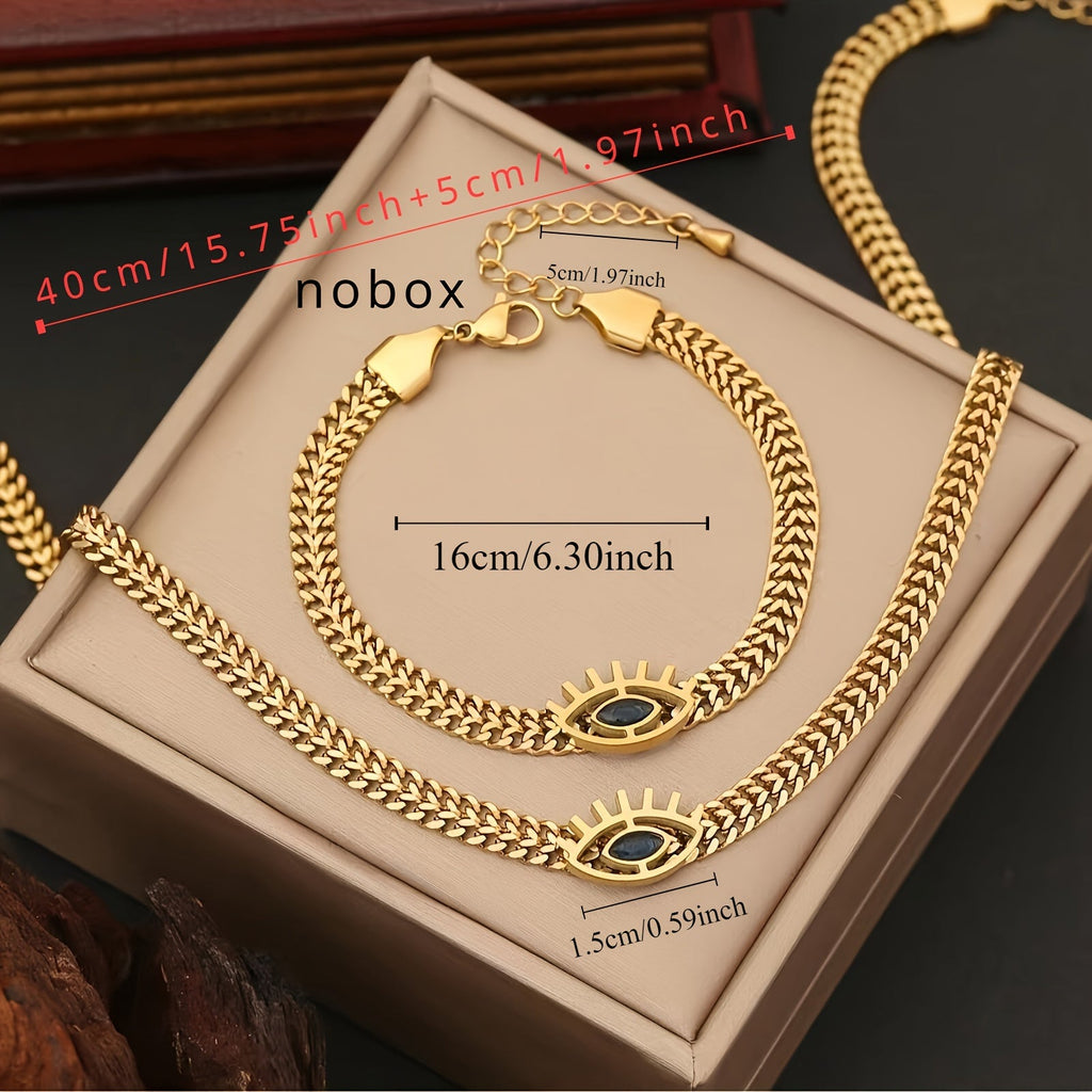 Set di collana e braccialetto in acciaio inossidabile dorato, occhi vuoti, perline e design elegante, originale e di tendenza.