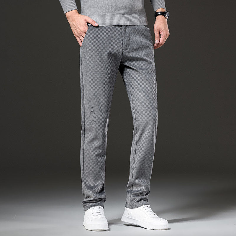 Pantaloni casual uomo a vita alta e larghi in velluto a costina con stampa, modello dritto adatti a giovani e adulti, marca Valstrend.