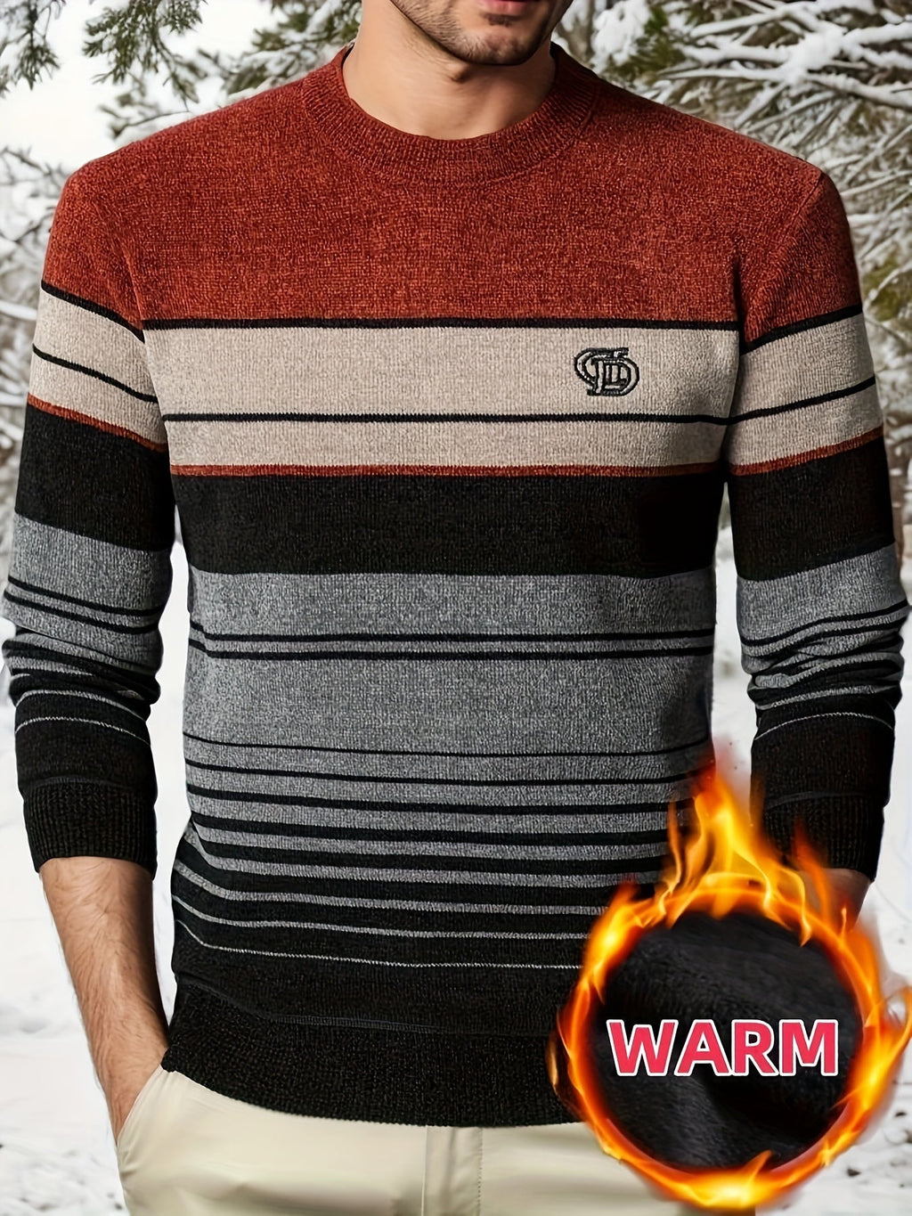 Maglione da uomo Valstrend con righe, ricamo e blocchi di colore, interno in pile caldo, perfetto per inverno e abbigliamento casual outdoor.
