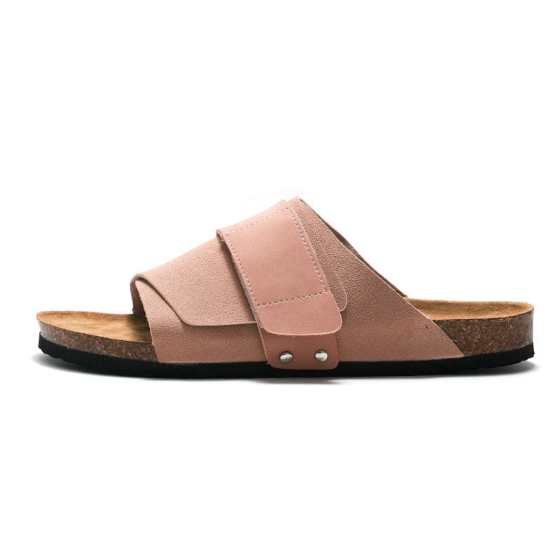 Sandali da spiaggia in sughero e pelle per coppie, stile casual, con cinturino in pelle marrone e suola antiscivolo, brand Valstrend.